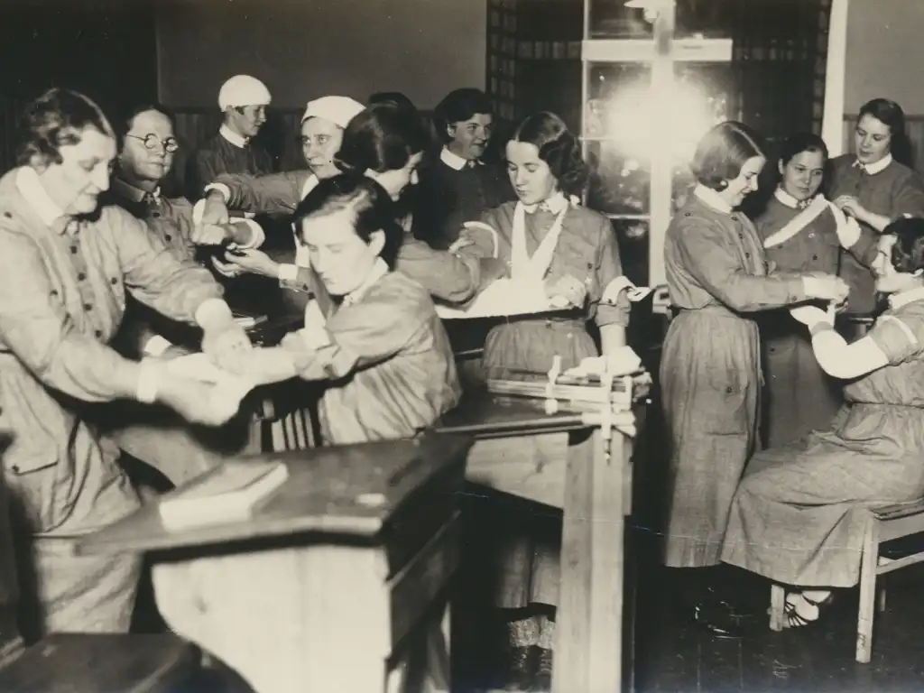 Lääkintäkurssilaisia opiskelemassa sidontaa