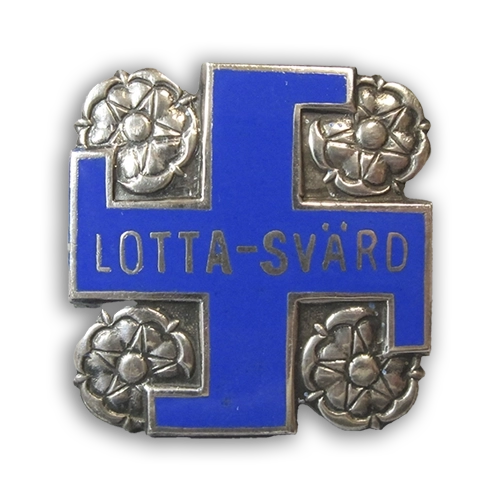 Hopeinen Lotta Svärd -kannatus jäsenen merkki, jossa keskellä sininen hakaristi ja teksti Lotta-Svärd