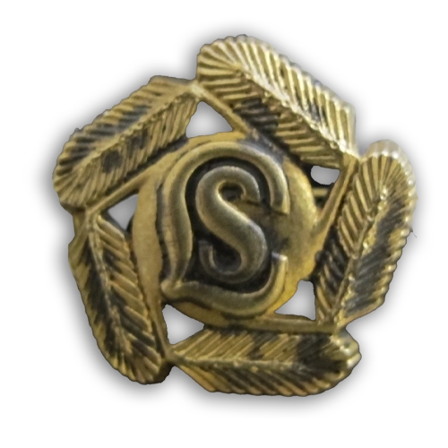 Lottien kultainen hiihto- ja kävelymerkki, jossa havukoristelu reunoilla ja keskellä kirjaimet LS