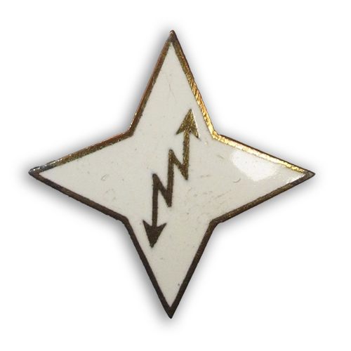 Lottamerkit kuvailtuna: Valkoiseksi emaloitu kurssitähti, jossa kultainen salama keskellä