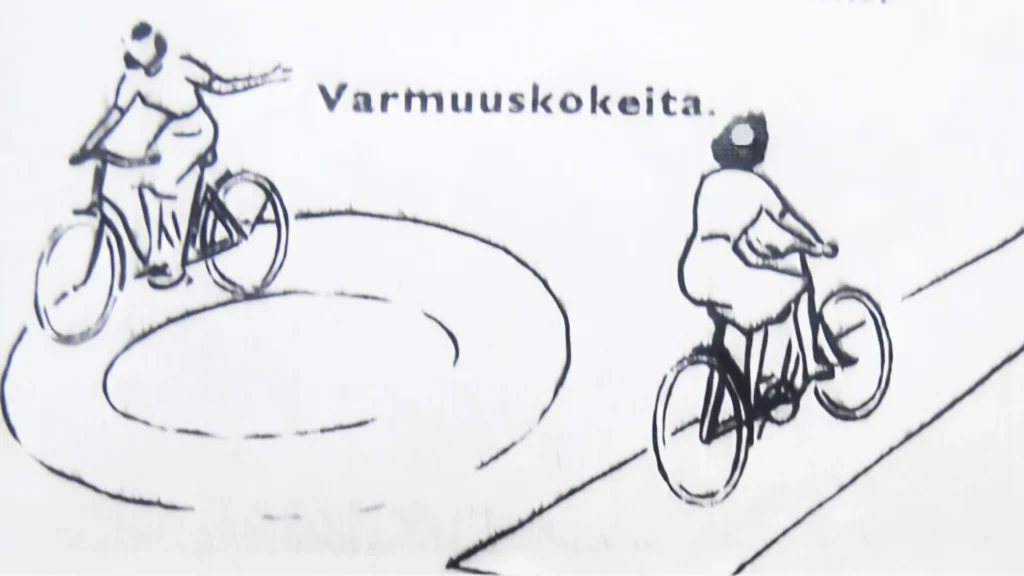Pyöräilyasento-ohjeita ja varmuusharjoituksia aloittelijoille. Julkaistu Kotiliesi-lehdessä maaliskuussa 1936.