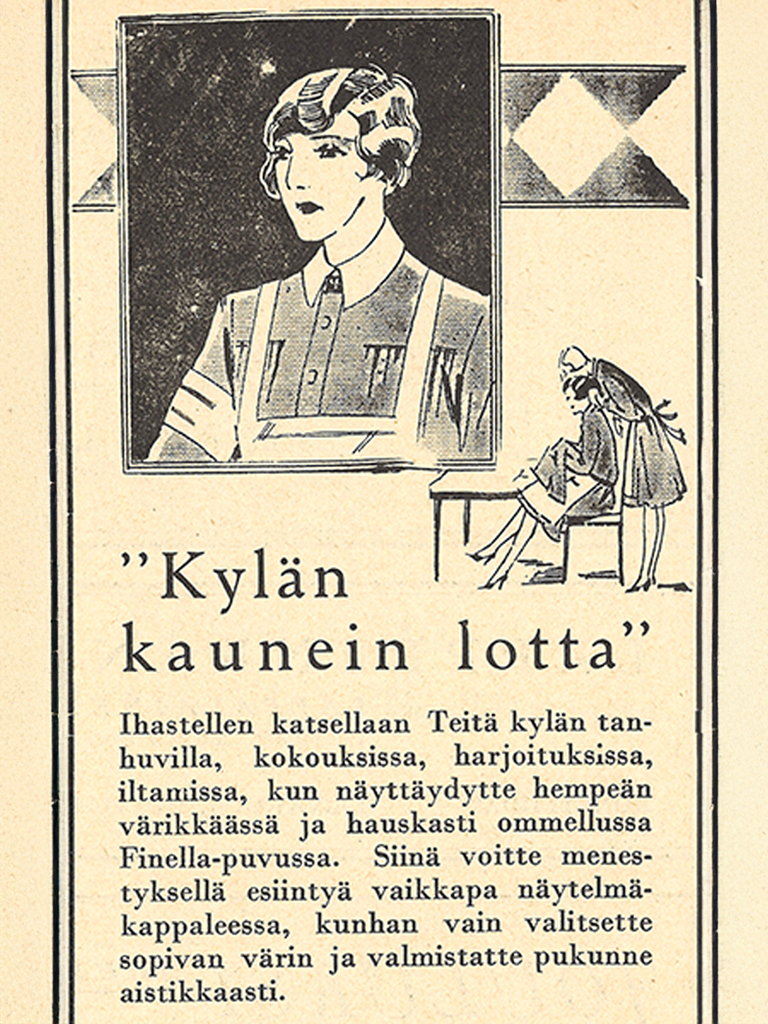 Lotille suunnattu mainos, jossa suositellaan hänen naisellista kauneuttaan korostavan leningin valmistusta Finlayson kankaasta.