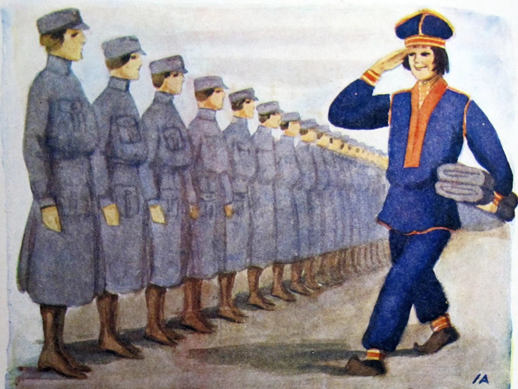 Lottariviä tarkastetaan Tampereen Puuviateollisuus Oy: Lapinpoika-kangasmerkin mainoksessa.