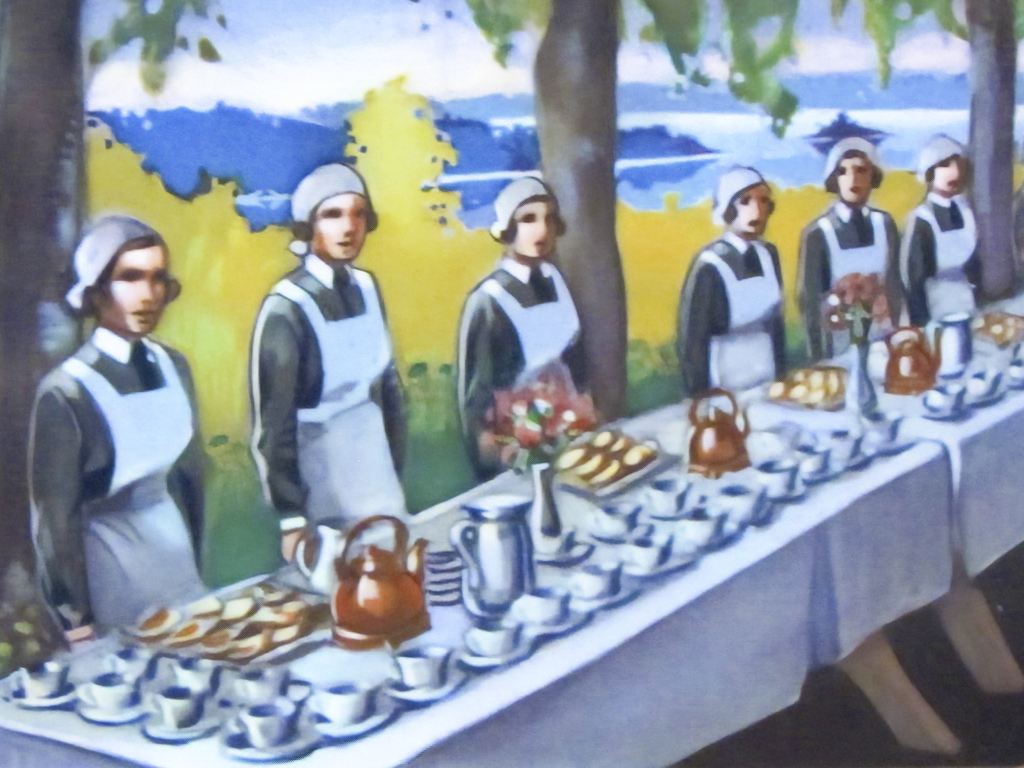 Lotta Svärd -järjestön julkaisemassa väripostikorttisarjassa  (Eeli Jaatinen 1935) lottien rivi valmistautuu kahvittamaan.