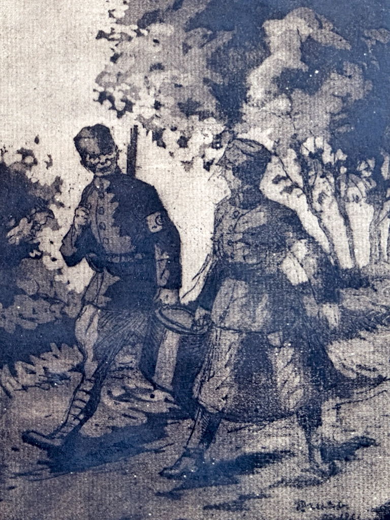 Lotta ja suojeluskuntalainen kantavat tonkkaa yhteisvoimin Vasströmin taideteoksessa.