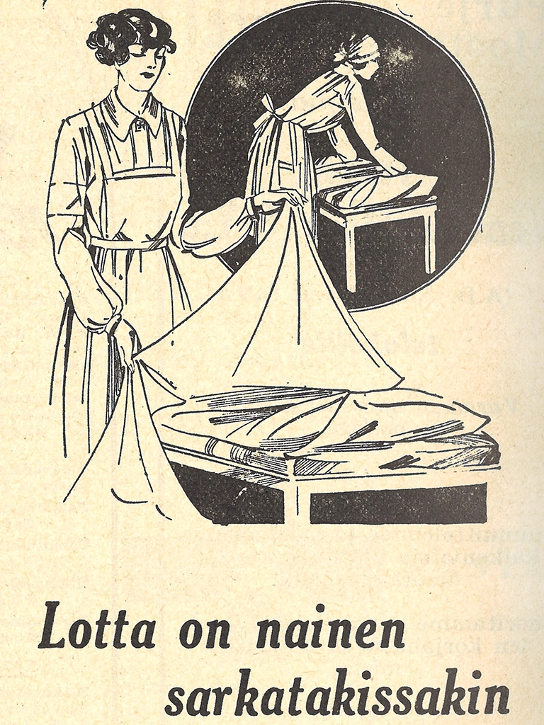 "Lotta on nainen sarkatakissakin" Tampella Tampereen pellavatehtaan mainos vuodelta 1927.