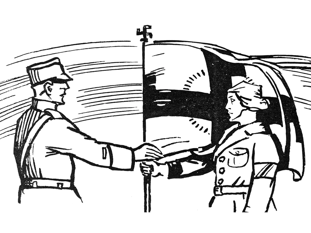 Lotta ja suojeluskuntalainen kuvattuna yhdessä lipun kanssa.