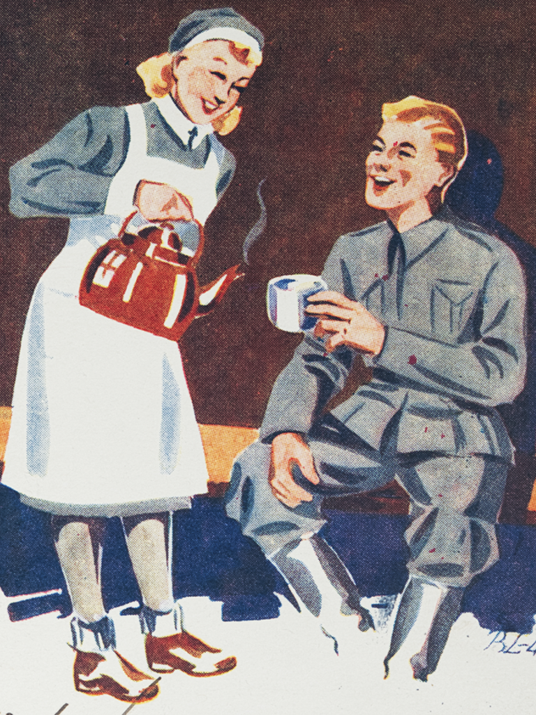 Iloisesti hymyilevä vaaleahiuksinen kanttiinilotta sota-ajan postikortissa.