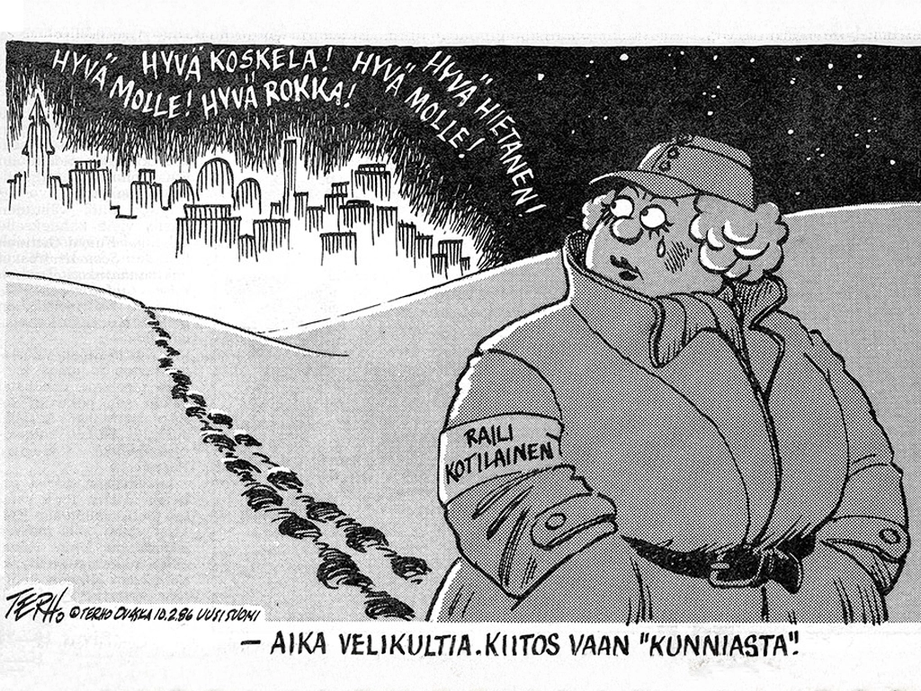 Uusi Suomi -lehdessä vuonna 1986 julkaistu Terhon piirros, jossa kyynelsilmäinen Kotilainen on vetäytynyt yksinäisyyteen Tuntemattoman sotilaan mieshahmojen ylistyshuutojen kaikuessa taustalla.
