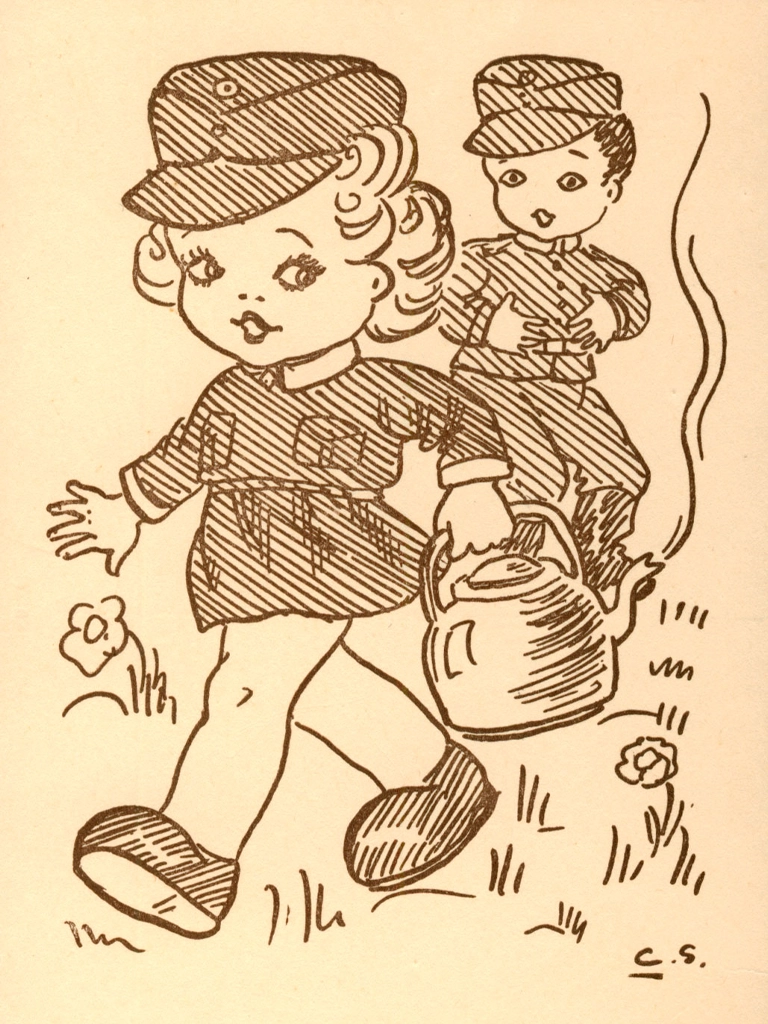 Toisinaan nuoren kanttiinilotan iloisen hymyn korvaa viekoitteleva katse. Lottapuvun hameen helma on kuvan lotalla myös hieman lyhentynyt. Sota-ajan postikortti.