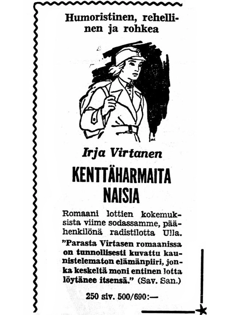 Uusi Suomi -lehdessä 22.11.1956 julkaistu Kenttäharmaita naisia -kirjan mainos, jossa teosta kuvataan rehellisenä ja kaunistelemattomana.
