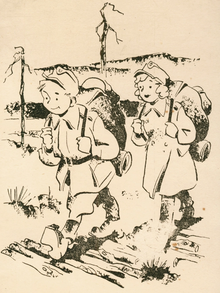 Lotta ja sotilas taivaltavat yhdessä postikortissa.