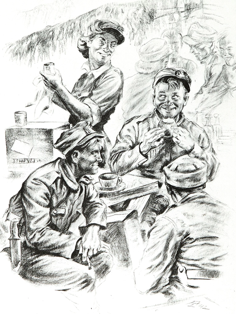 Lottia ja sotilaita kaveeraamassa postikortissa.