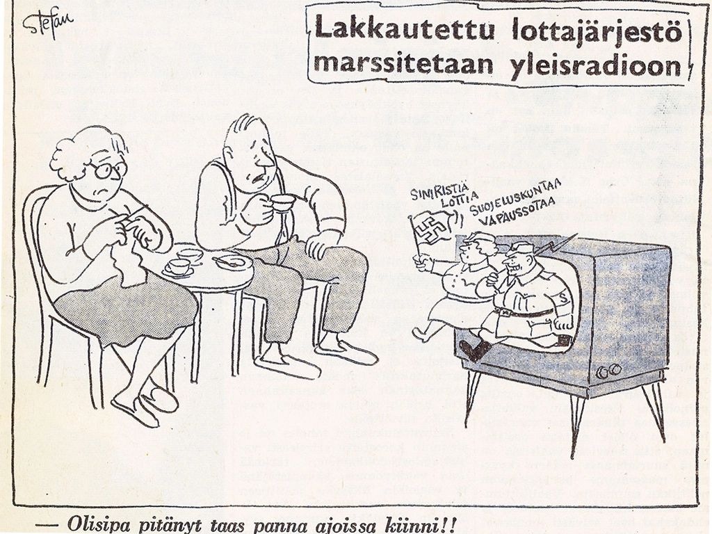 Karikatyyriä edustavan lottahahmon kädessä saattaa liehua myös kansallissosialistisen Saksan hakaristilippu, kuten Suomen Sosialidemokraatti -lehdessä vuonna 1967 julkaistussa pilapiirroksessa.