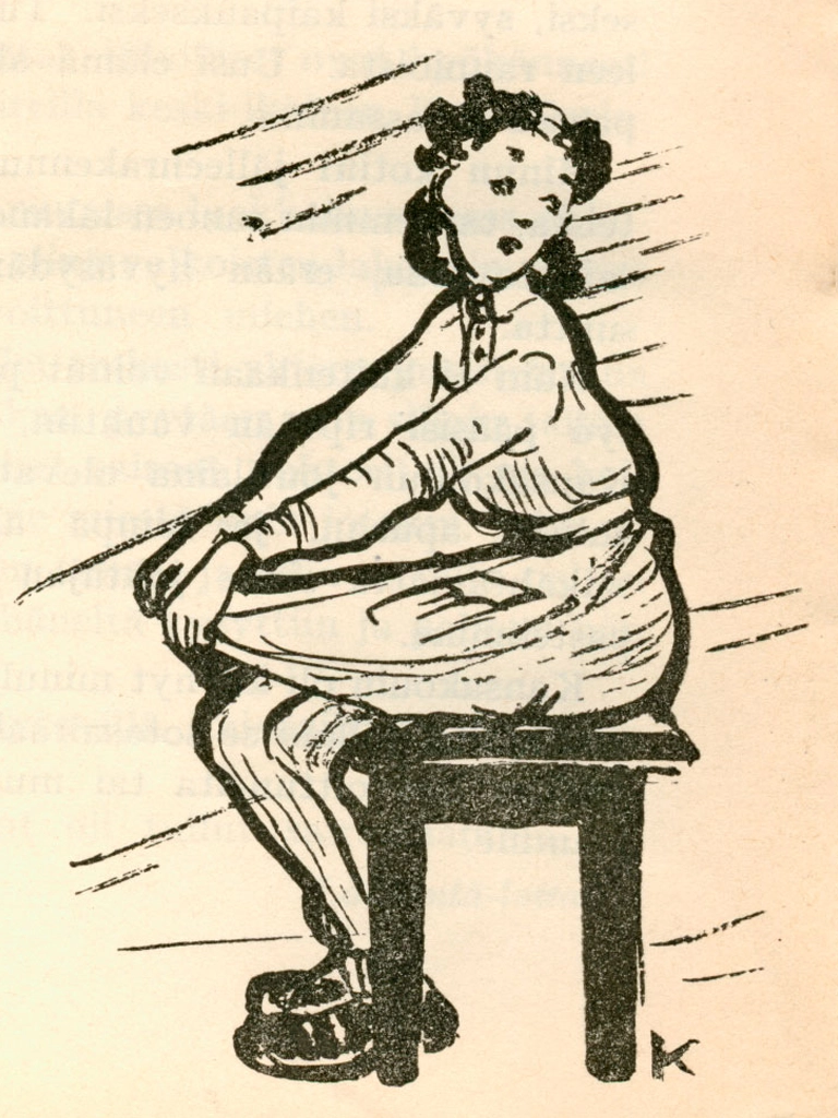 Lottalehdessä julkaistu piirroskuva hameensa helman lyhentäneestä lotasta, joka istuu jouten tuolilla.