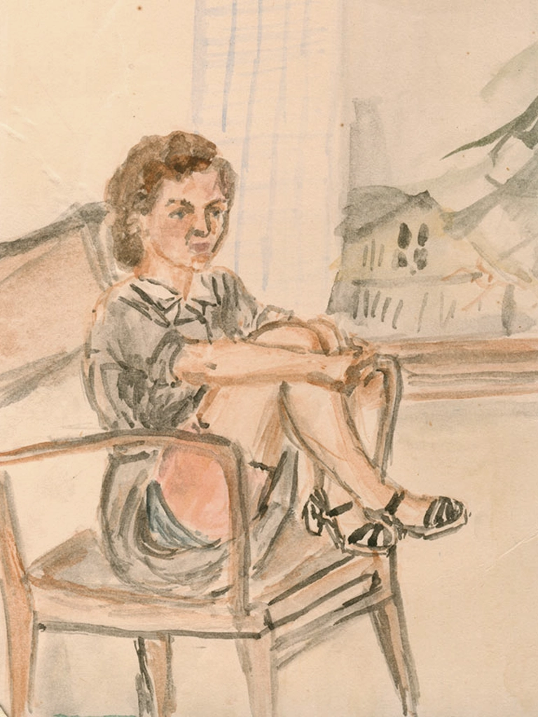 Vesivärein maalatussa lottamuotokuvakortissa lotta poseeraa lottien käytöskoodia rikkovassa asennossa: kyllästyneenä ja uhmakkaana, kädet puuskassa ja sääret paljaana.