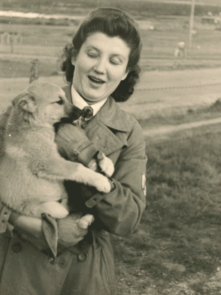 Sotapalvelukseen koulutetut koirat olivat pääosin saksanpaimenkoiria, joiden hyvä stressinsietokyky katsottiin olevan eduksi sotatoiminnassa. Kuvassa Lotta Aino-Toivonen saksanpaimenkoiranpennun kanssa.