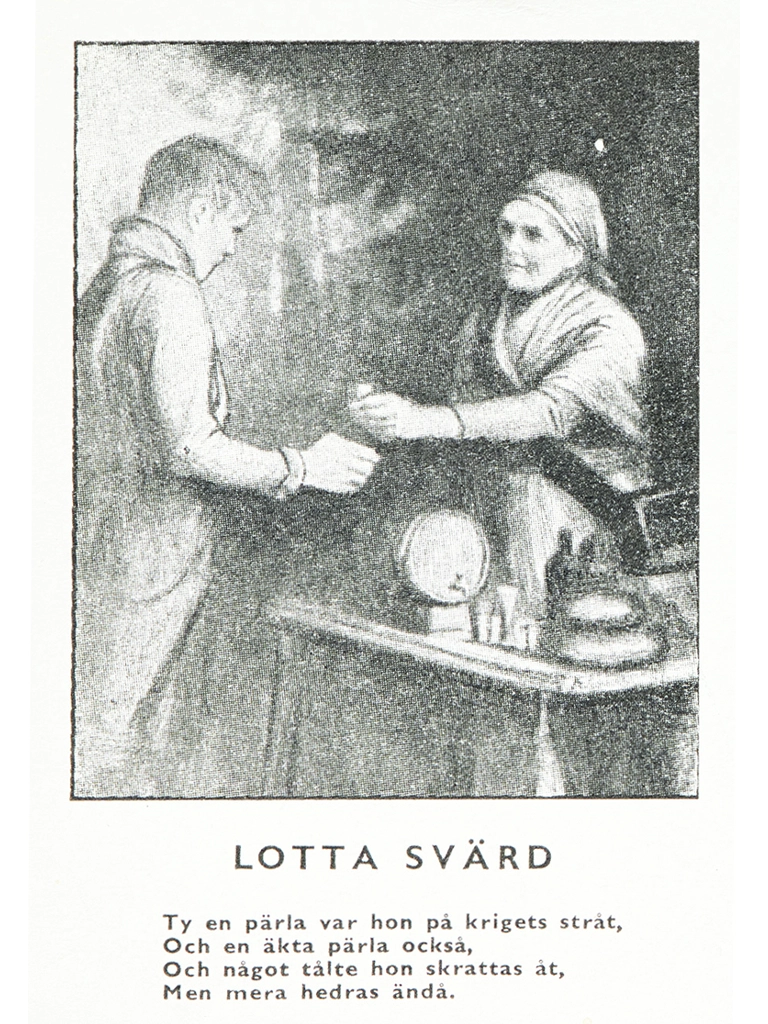 Iäkäs Lotta Svärd kuusen alla postikortissa.