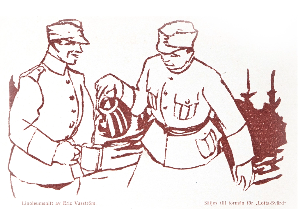 Palvelualtis lotta ja suojeluskuntalainen postikortissa.