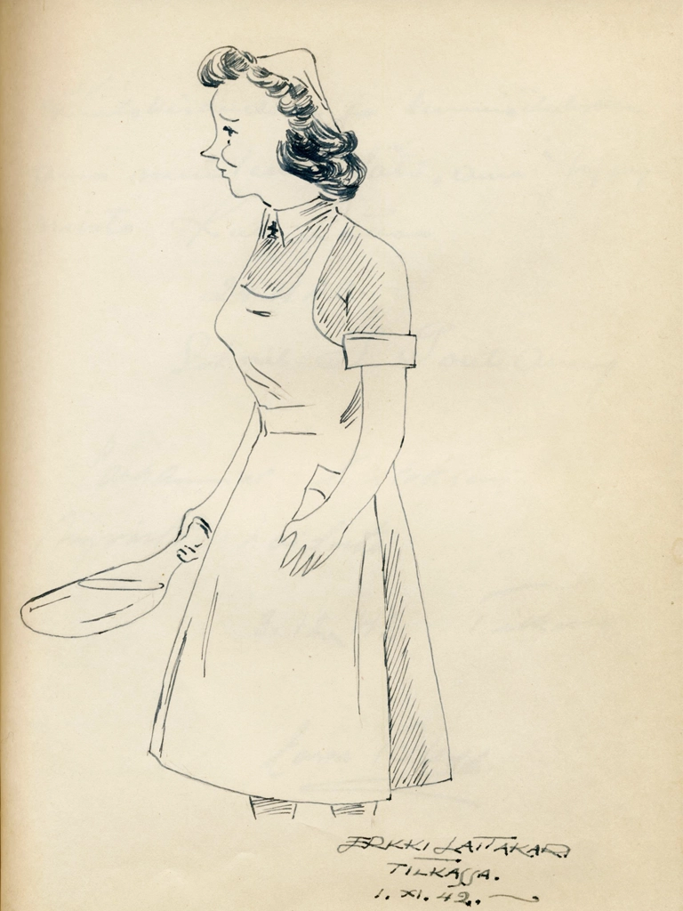 Piirustus lääkintälotasta kädessään sorsa, Tilkassa 1942 Laitakari.