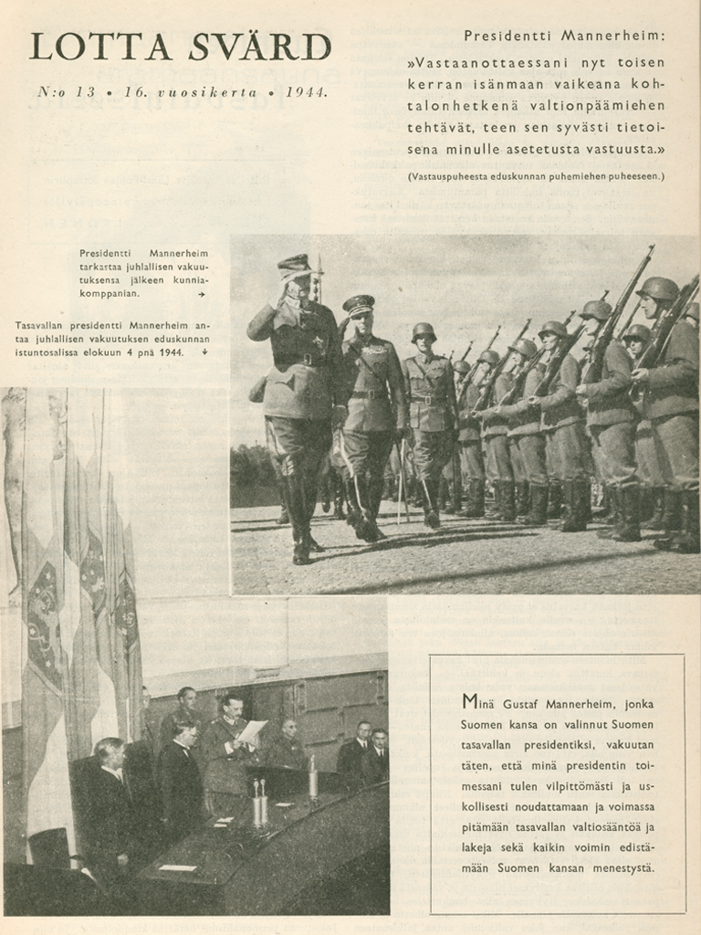 Lotta Svärd vuoden 1944 lehden numerossa 13 on Presidentti Mannerheimista kertova artikkeli.