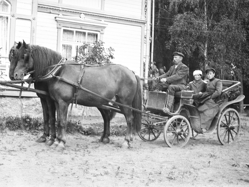 Syvärannan hevosia, kuski, Anna Hansen ja hänen veljensä.