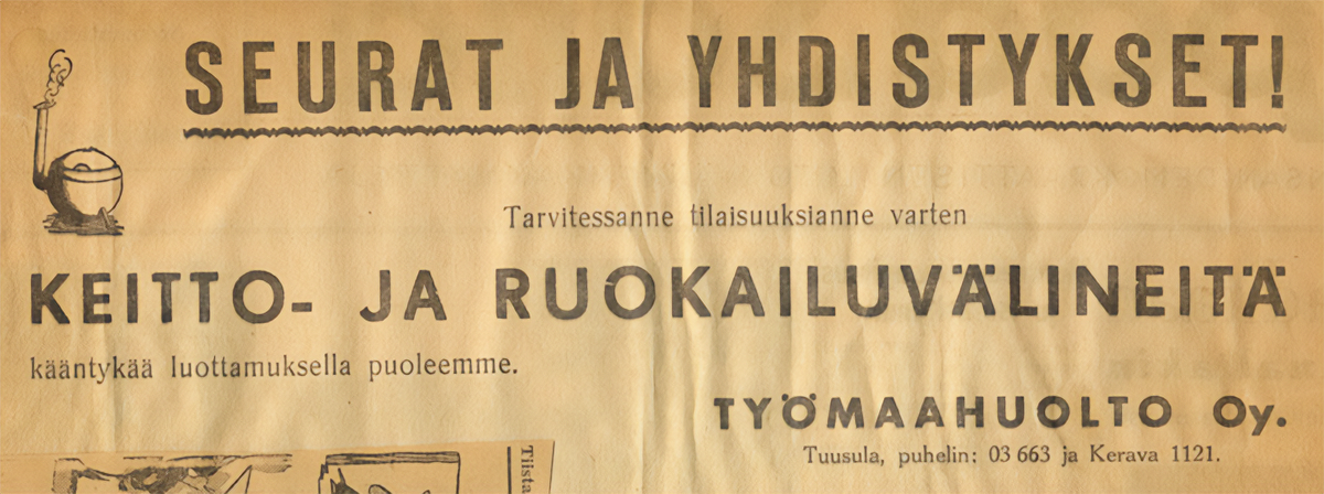 Työmaahuolto mainostaa palveluitaan lehdessä.