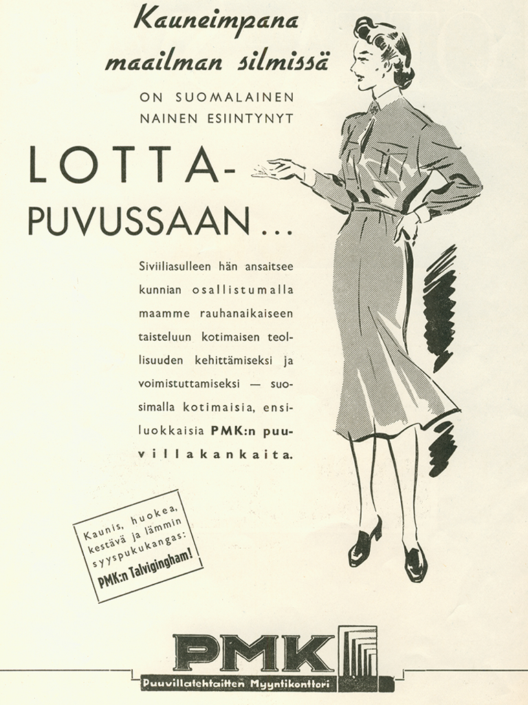 Puuvillatehtaitten myyntikonttorin lottapukukankaan mainos vuodelta 1940.