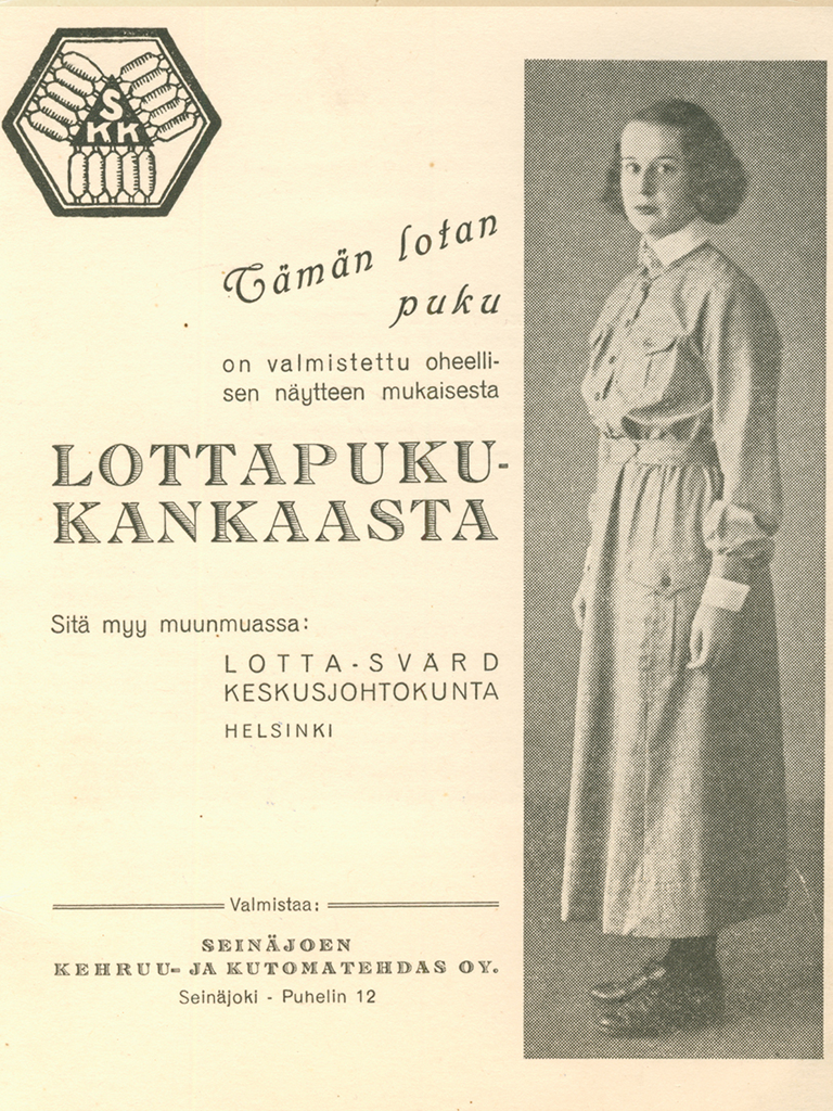 Seinäjoen Kehruu- ja kutomatehtaan lottapukukankaan esite.